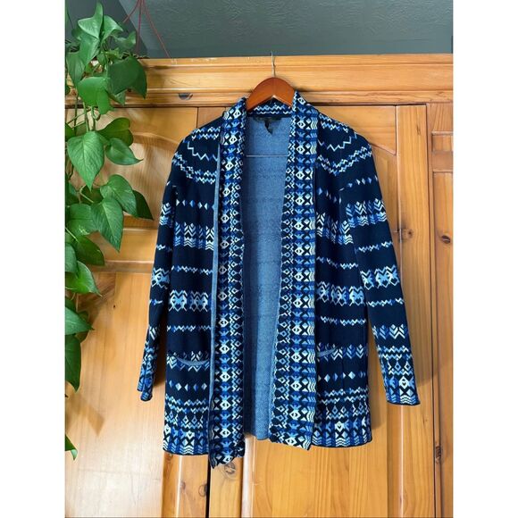 “BCBG Max Azria Blue Fair Isle Open-Front Cotton Cardigan Sweater (Size S)” - Picture 2 of 9